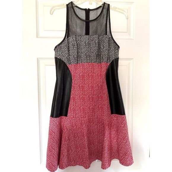Sachin & Babi Short‎ Dress Sleeveless Red Black Tweed Mesh Vegan Leather… - Picture 1 of 16
